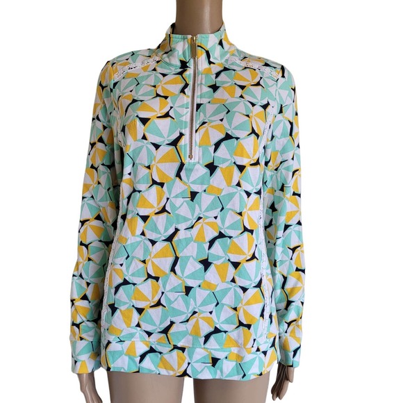 Crown & Ivy Women Umbrella Print Half-Zip Top Long Sleeve Green/Yellow Size S - Picture 1 of 8